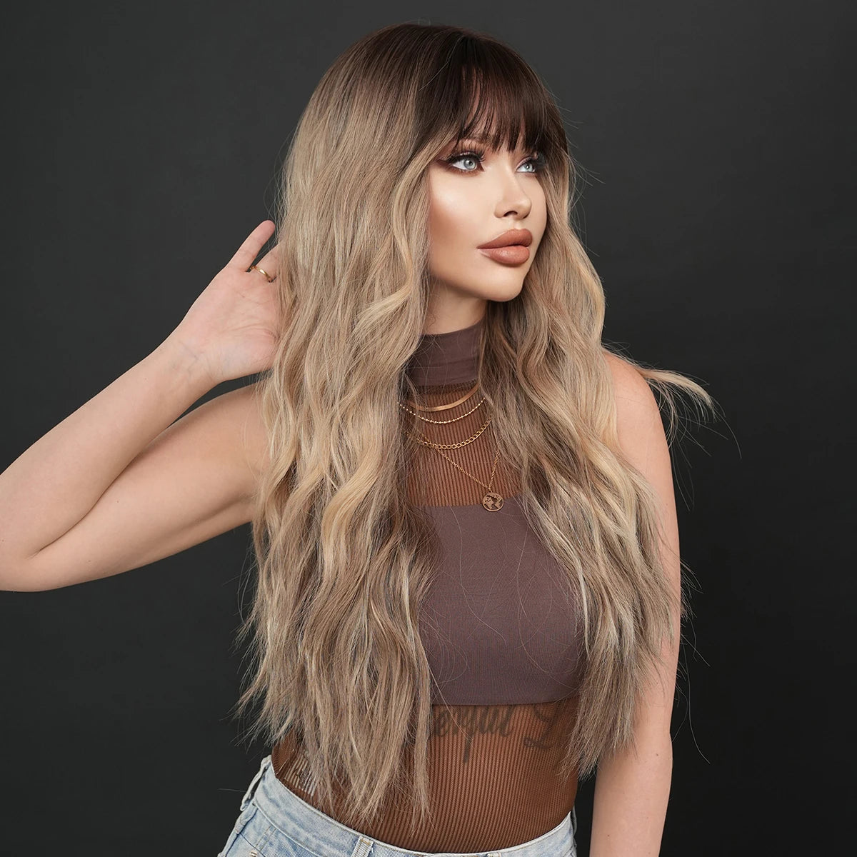 7JHH WIGS Synthetic Loose Wave Brown Wig with Dark Roots High Density Body Wavy Hair Wigs for Women Party Halloween Costume Wigs