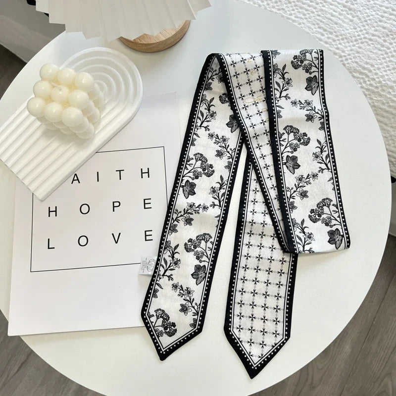 High-Grade Flower Print Long Silk Scarf Hair Band Ribbon Tied-up Hair Long Bow Vintage Satin Ribbon Hair Accessories For Women