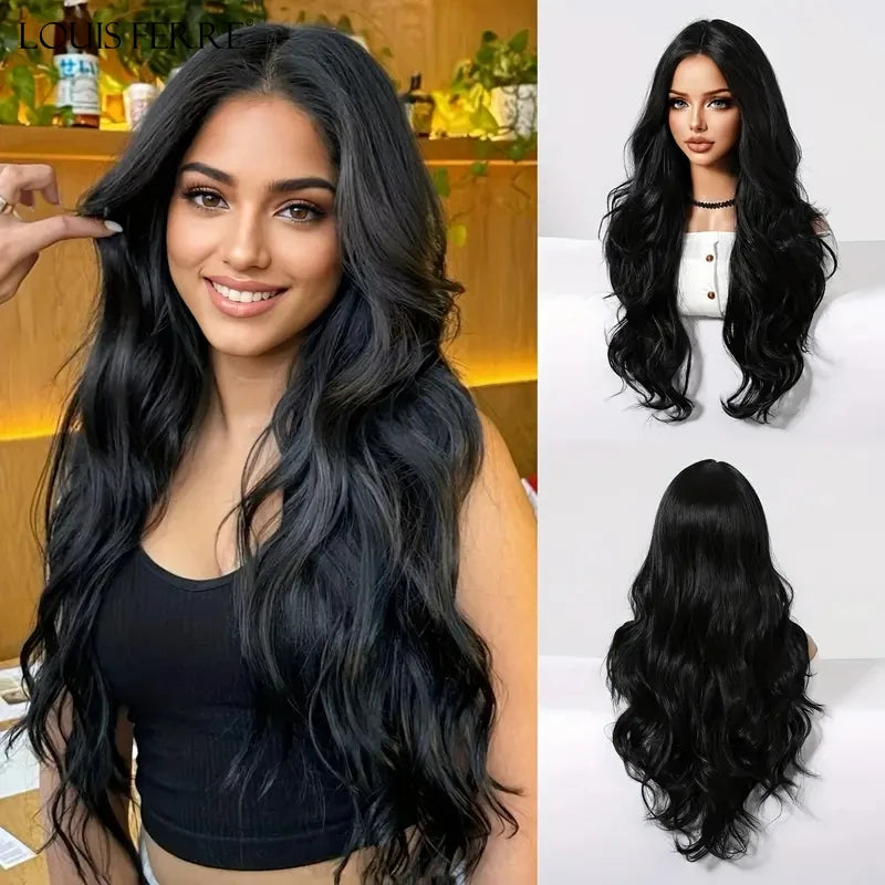 LOUIS FERRE Brown Blonde Highlights Wigs For Women Daily Long Wavy Curly Synthetic Wigs Natural Heat Resistant Hair With Bangs