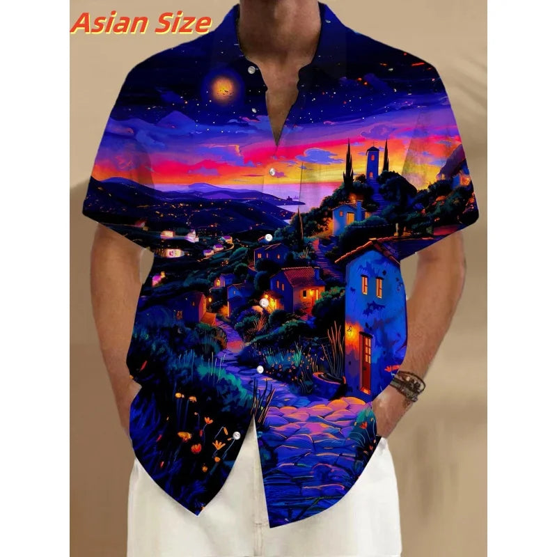 Dreamy Village Pattern Lapel Shirt For Men Flower Bird Boat 3D Printed Hawaiian Shirts Fashion Short Sleeve Tops Button Blouse