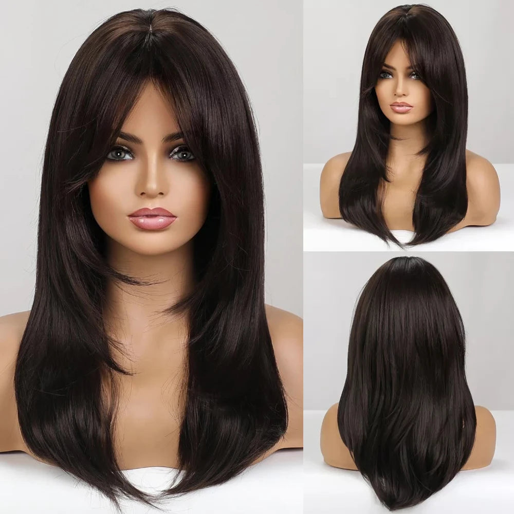 ALAN EATON Long Straight Layered Synthetic Wigs with Bangs Blonde Highlights on Brown Wigs for Black Women Afro Daily Party Hair