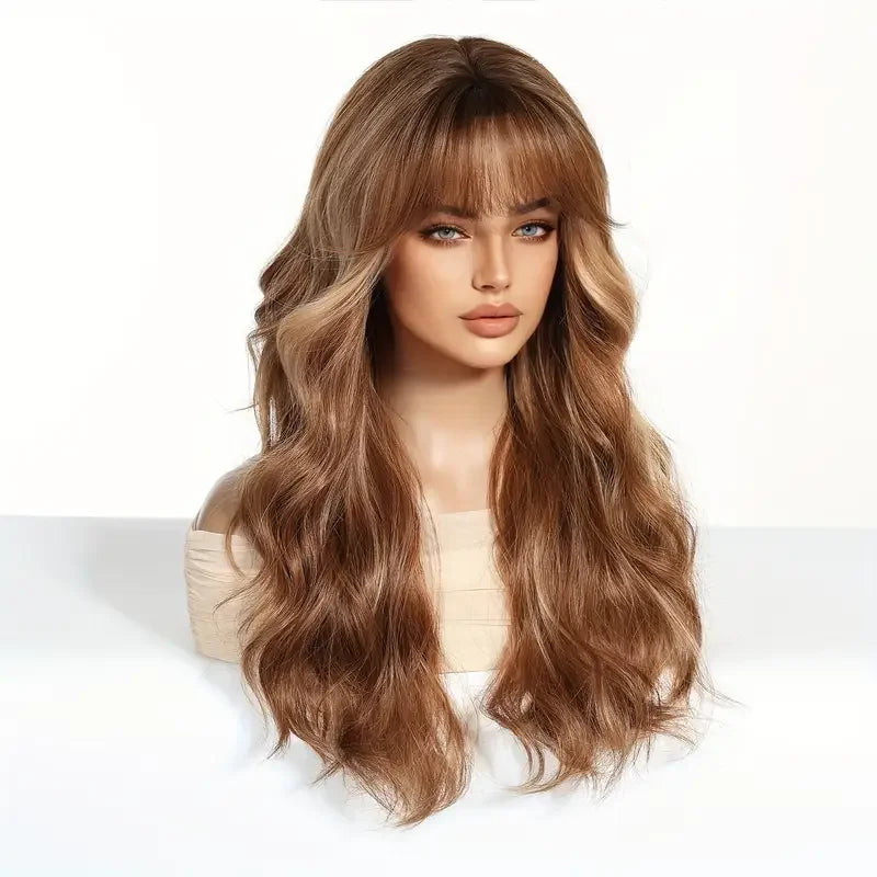 LOUIS FERRE Brown Blonde Highlights Wigs For Women Daily Long Wavy Curly Synthetic Wigs Natural Heat Resistant Hair With Bangs