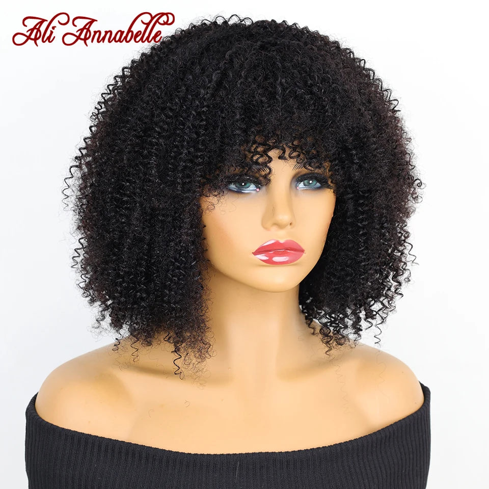 ALI ANNABELLE HAIR Curly Wigs With Bangs For Black Women Machine Made Wigs Kinky Curly 180% Brazilian Natural Color No Lace Wigs