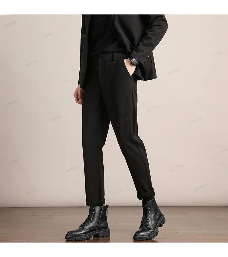 Brand Clothing Autumn Winter Luxury Suit Pants Men Thick Business Elastic Waist Woolen Ankle Pant Korean Formal Long Trousers