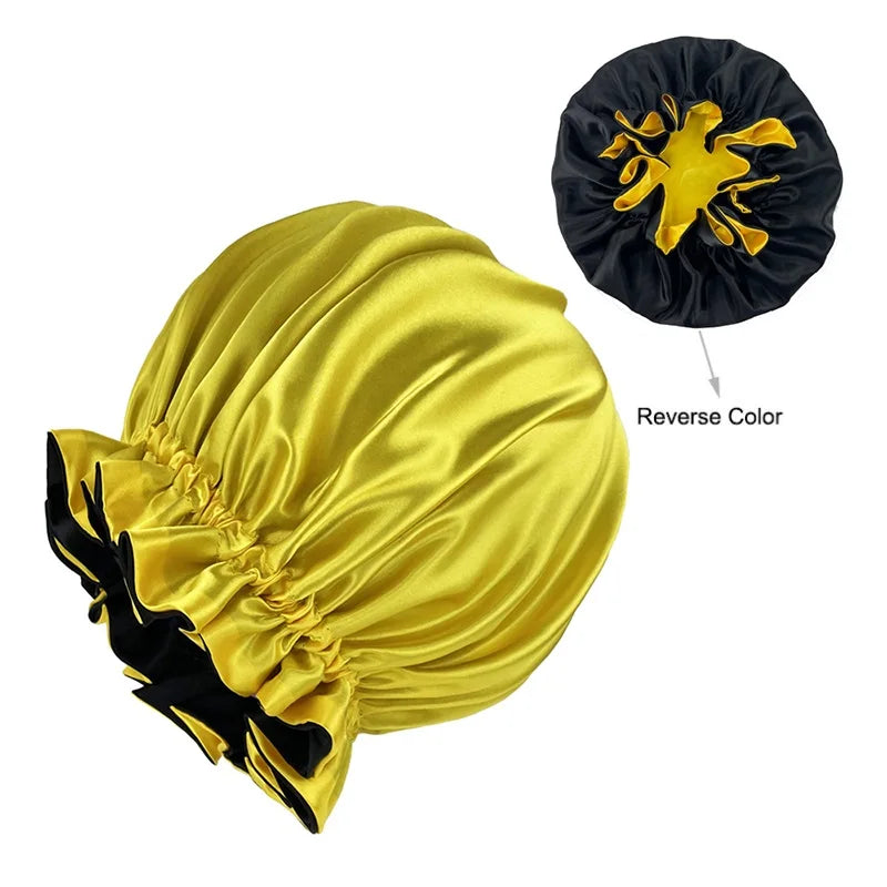 New Solid Women Satin Bonnet Fashion Stain Silky Big Bonnet for Lady Sleep Cap Headwrap Hat Hair Wrap Accessories Wholesale