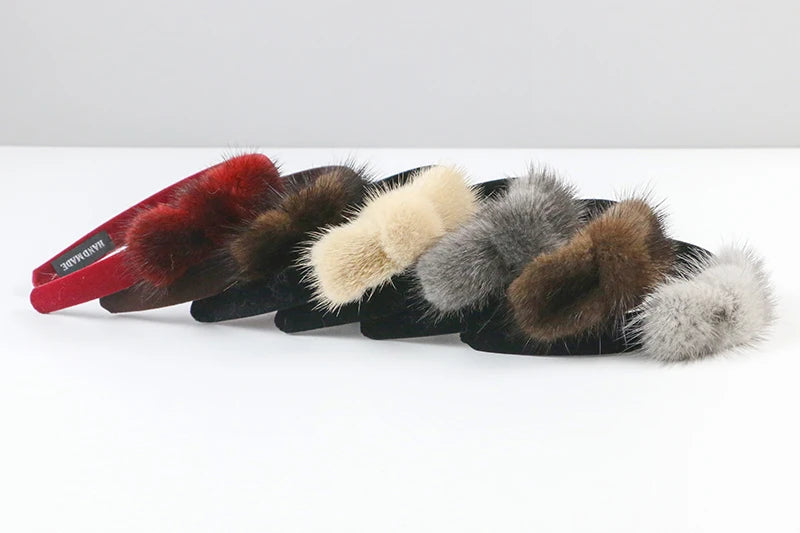 Real Mink Cosmetic Headbands Women High Quality Bow Hair Bands hair accessory Fashion Plush Hair Clips cute Real Fur Gifts