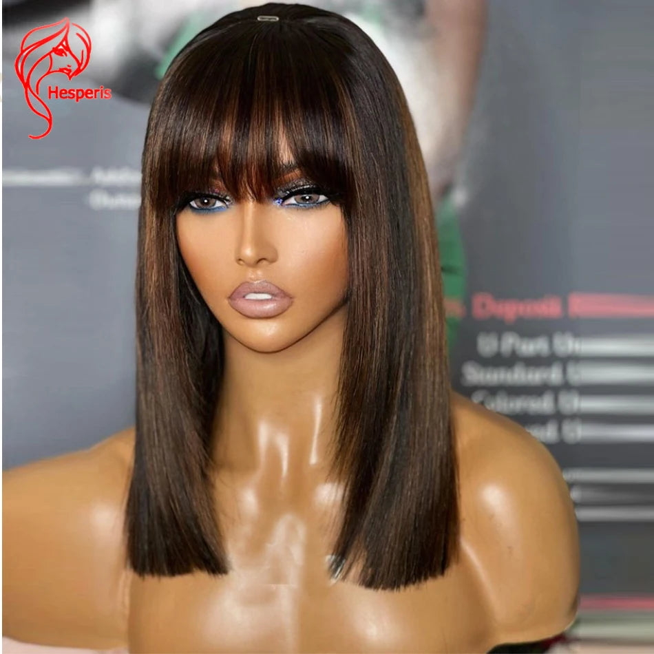 Hesperis Light Brown Highlight Human Hair Wig With Bangs Brazilian Remy Scalp Top Full Machine Wigs For Women #4 Brown Colored