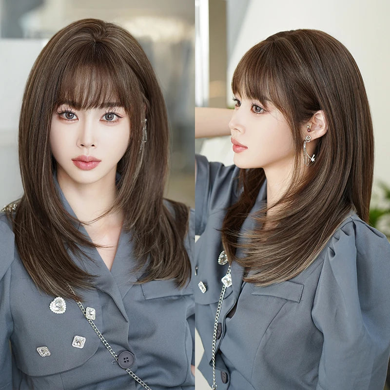 7JHH WIGS Body Wavy Wig Long Loose Curly Brown Wig for Women Daily Use High Density Synthetic Layered Hair Wigs with Bangs