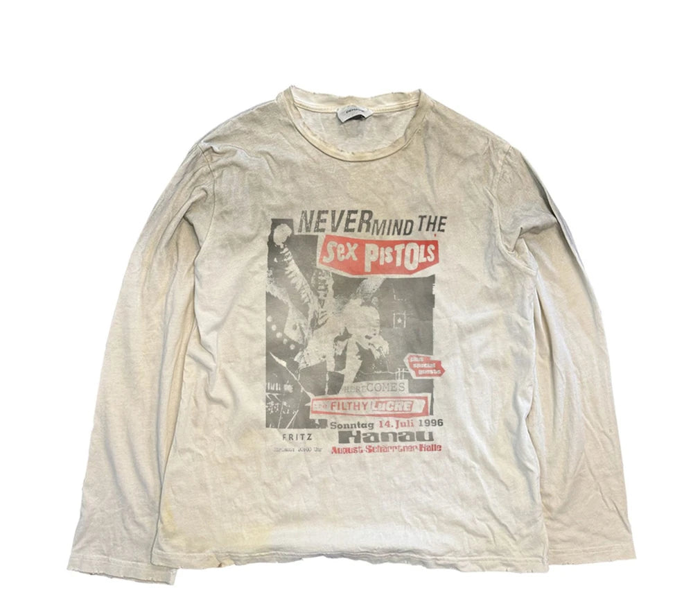 Vintage Washed Long Sleeves T-Shirt Summer Graffiti Printed Destroyed Dirty T Shirt Hip Hop Streetwear Cotton Tops Tees