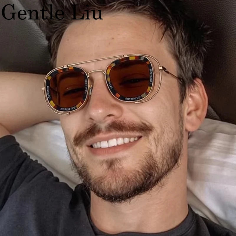 Steampunk Square Pilot Sunglasses Men 2025 Luxury Brand Retro Metal Frame Sun Glasses For Male Double Beam Eyewear UV400 Shades