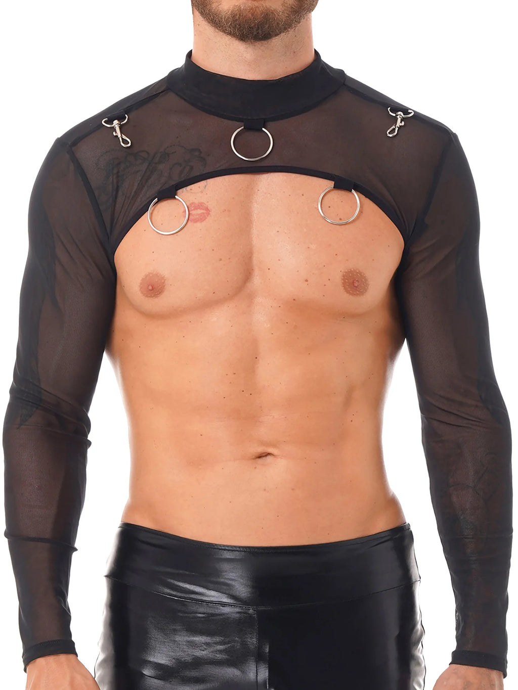 MSemis Male Mens Transparent Moto Sexy Tops Long Sleeve O-Ring Decor T-Shirt See-Through Mesh Half Crop Top Party Clubwear
