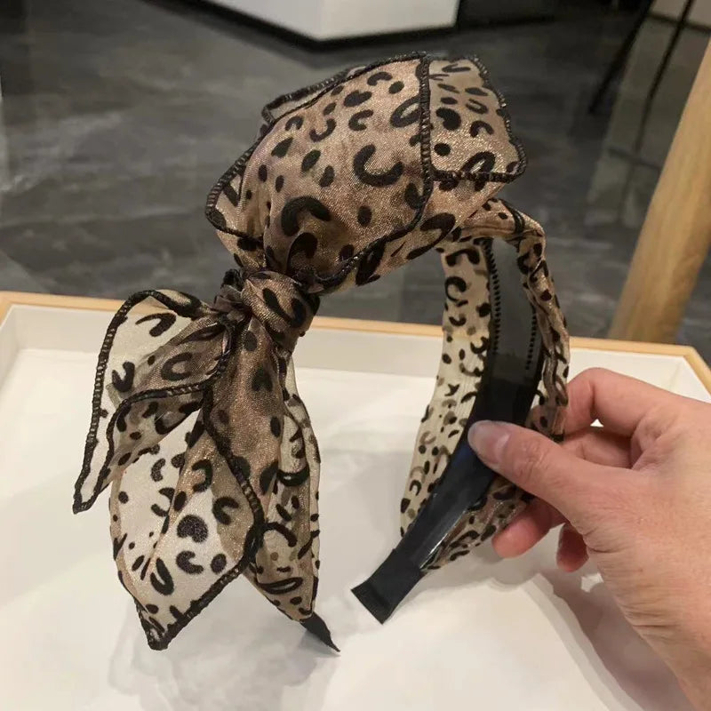 Vintage Leopard Print Hairband for Women Handmade Bow Hair Hoop Mesh Hair Bow Headbands Female Hair Accessories