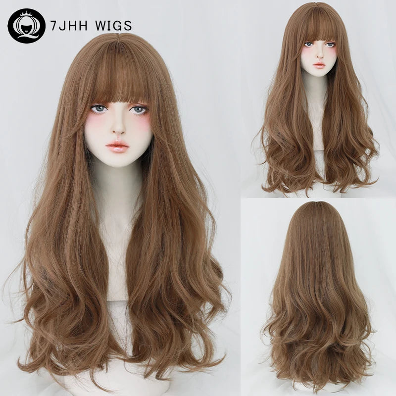 7JHH WIGS Loose Body Wavy Brown Hair Wigs with Neat Bangs High Density Synthetic Fashion Wave Wig for Women Natural Looking