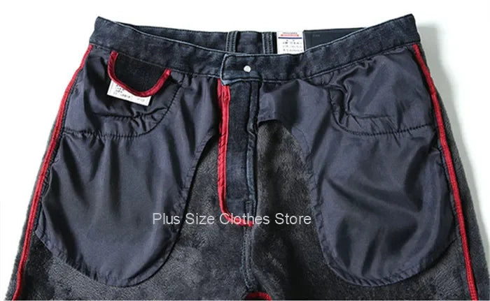 Tall Man Fleece Jeans 117CM Extra Long Stretched Plus Size 42 44 Fit Trousers Warm Autumn Winter High Waist Denim Pants Trousers
