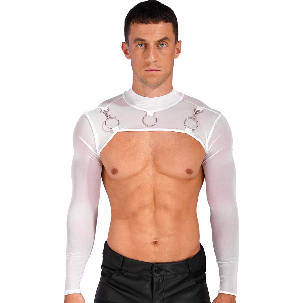 MSemis Male Mens Transparent Moto Sexy Tops Long Sleeve O-Ring Decor T-Shirt See-Through Mesh Half Crop Top Party Clubwear
