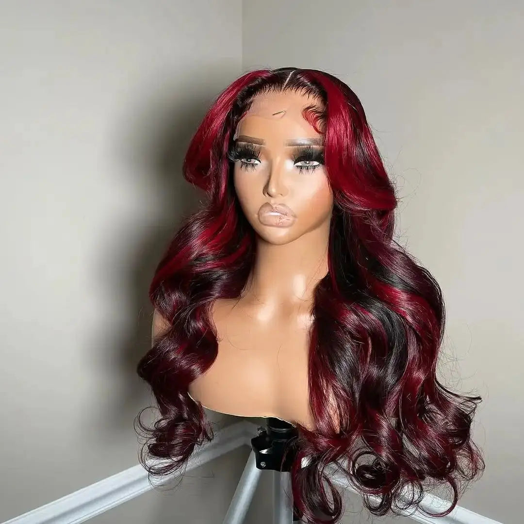 Black With Red Highlight Wig Synthetic Lace Front Wig 13X4 Pre plucked Hairline With BabyHairWomen's Wig with Density Lace Front