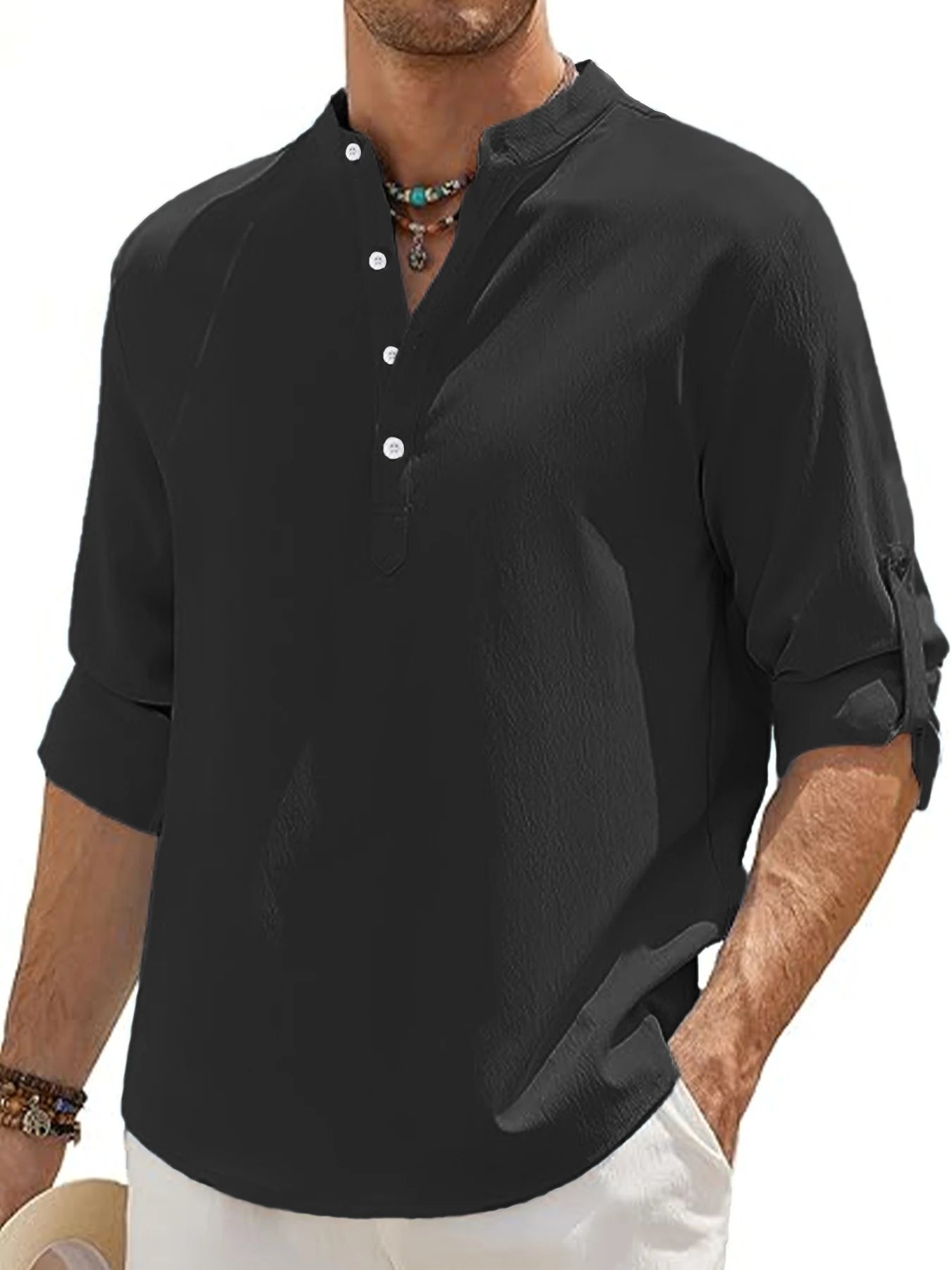 Men's Linen Shirt Summer 2025 Casual Short Sleeve Breathable Stand Collar Loose Fit Trendy Solid Color Youth Top with Pocket