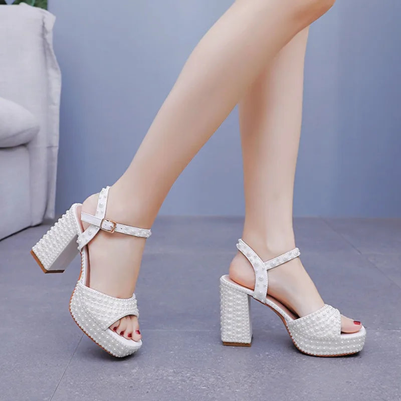 Luxury Handmade Full Pearls Thick Heeled Women Gladiator Sandals Fashion Summer Platform Wedges High heels Chunky Sandals Shoes