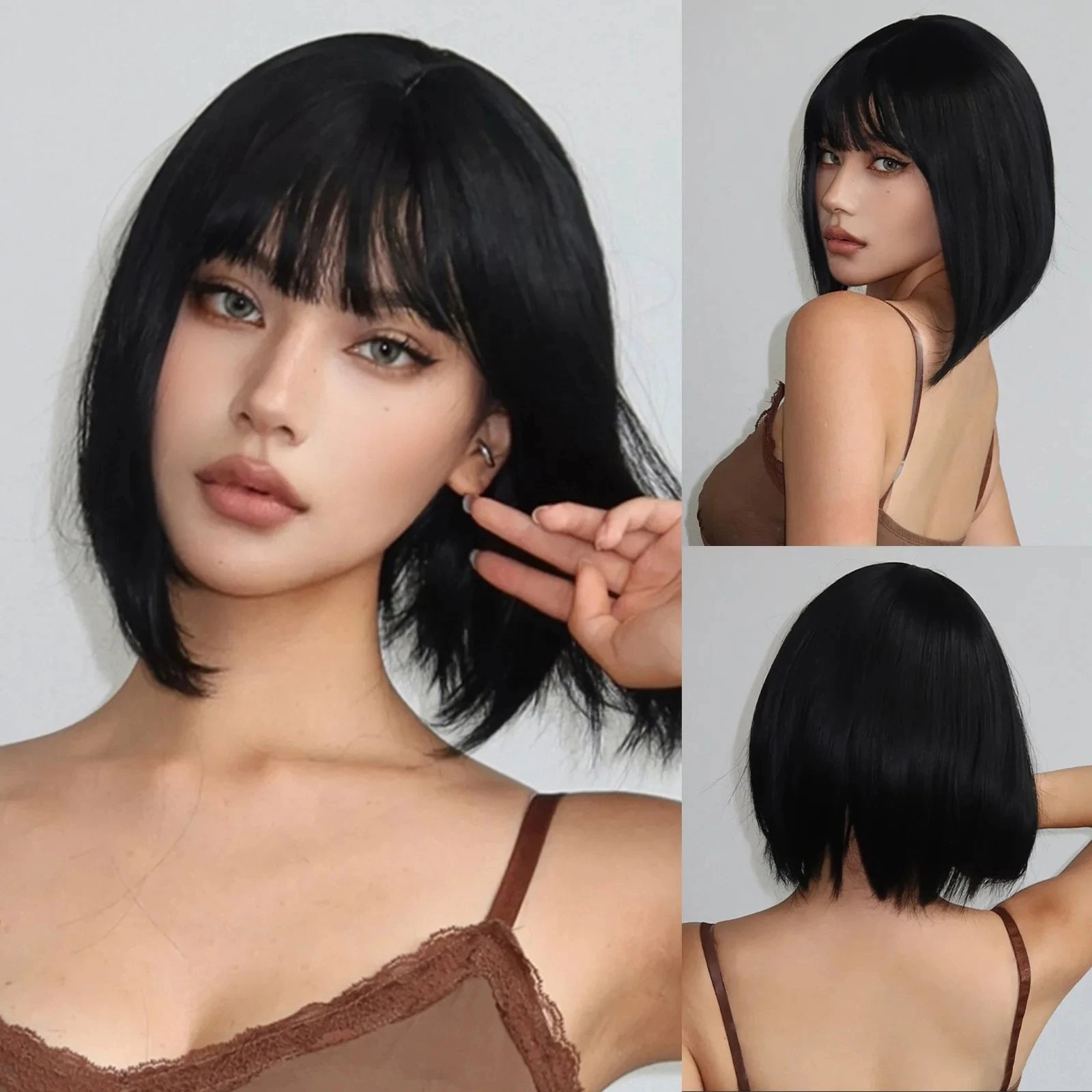 Black Bob synthetic wig women naturally split short straight hair holiday party daily wear high temperature silk wig