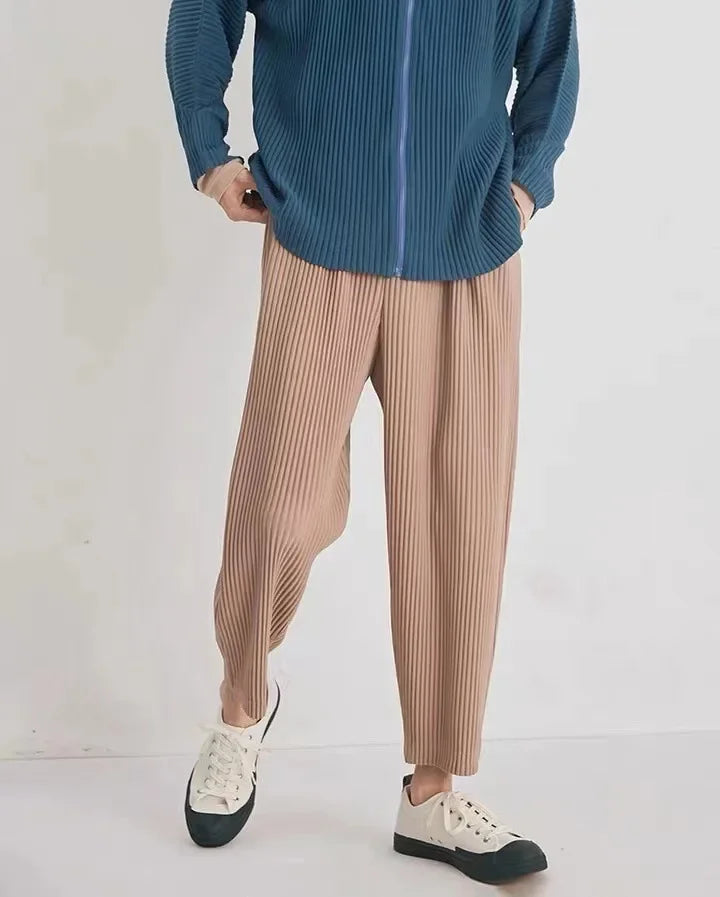 Pleats Pleated Commuter Pants Men's 2024 Autumn New Draped Elastic Trousers Casual Japanese Men Solid Color Nine Minute Pants