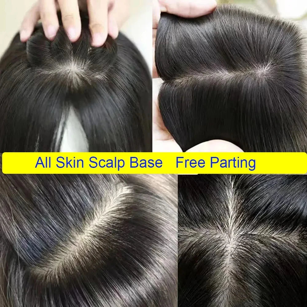 11x13cm Dark Brown Human Hair Topper Silk Base Hand Tied Silk Top Toupee Breathable Remy Hair Piece with Clips in for Women