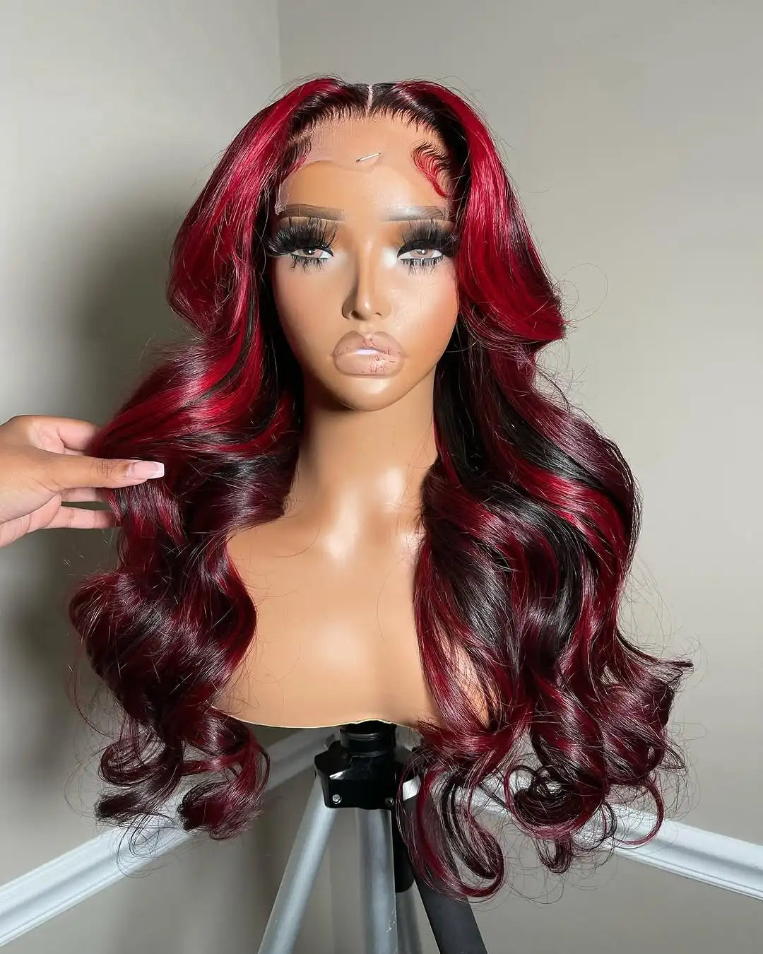Black With Red Highlight Wig Synthetic Lace Front Wig 13X4 Pre plucked Hairline With BabyHairWomen's Wig with Density Lace Front