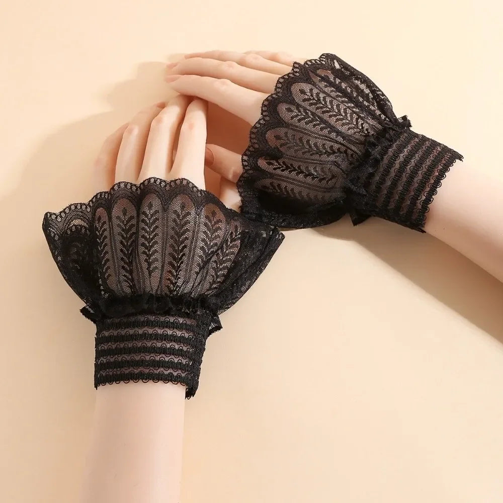 1 Pair Versatile Elegant Fake Cuffs Embroidery Pattern Detachable Lace Sleeves Solid Color Thin False Cuffs For Women