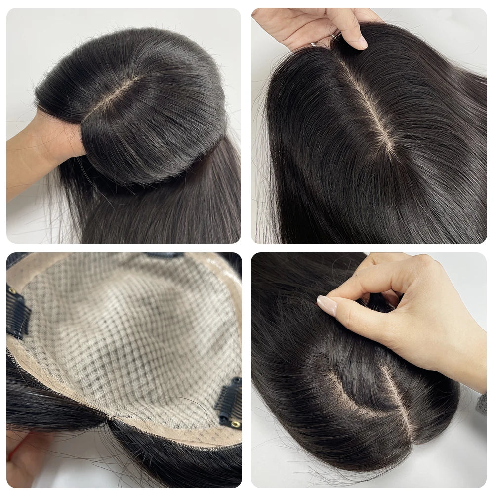 5 Sizes Silk Base Virgin Human Hair Women Topper Natural Scalp Top Black Color For White Women Small Base Seamless Hairpieces