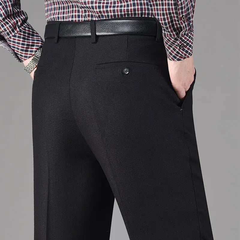 Vintage Autumn Winter Thicken Wool Fleece Suit Pants Men Middle Age High Waist Straight Loose Business Casual Straight Trousers