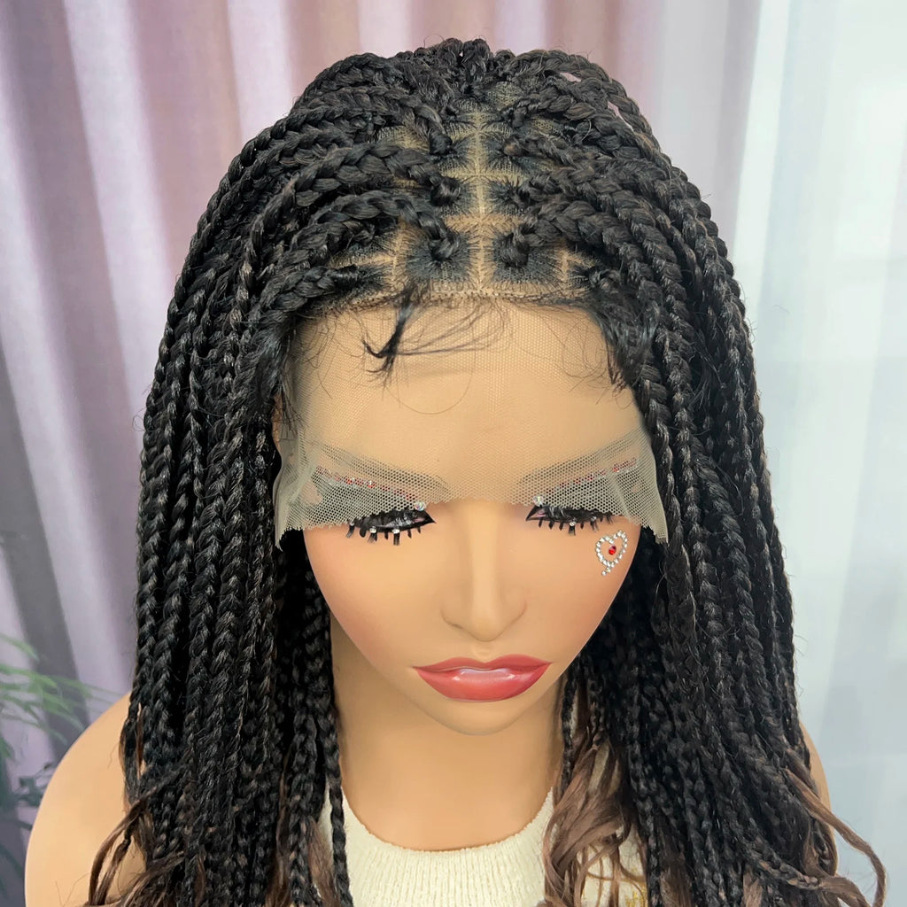 Ombre Synthetic Lace Front Square Knotless Box Braided Wig with Wavy Ends Lace Frontal Braids Wig with Baby Hair for Black Women