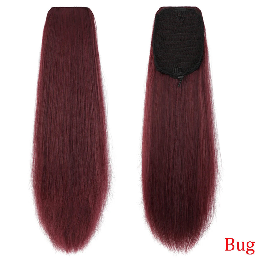 36 inches Black Natural long straight Drawstring Ponytail - Women's Easy-Attach Synthetic Extension for Voluminous Look