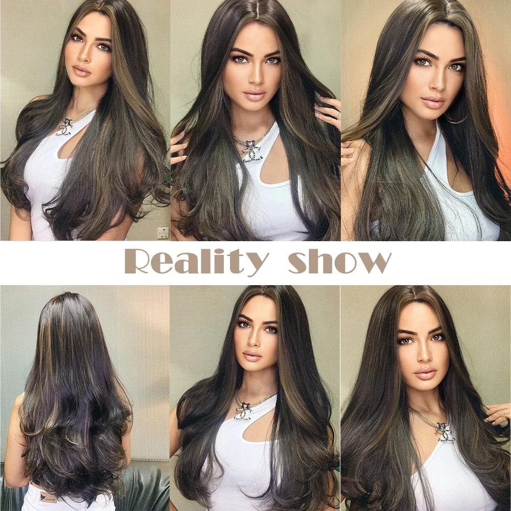 ALAN EATON Long Wave Dark Brown Synthetic Wigs for Black Women Middle Parted Wigs with Highlights Cosplay Hair Heat Resistant