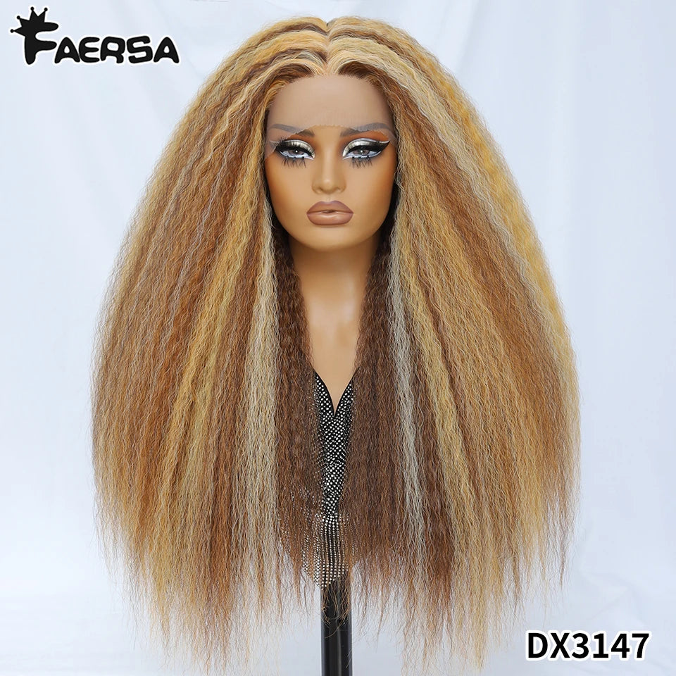 Kinky Straight Lace Front Wig T-Part 28Inch Synthetic 13x5x1 Long Lace Wigs Afro Yaki Straight Wigs Ombre Brown For Black Women