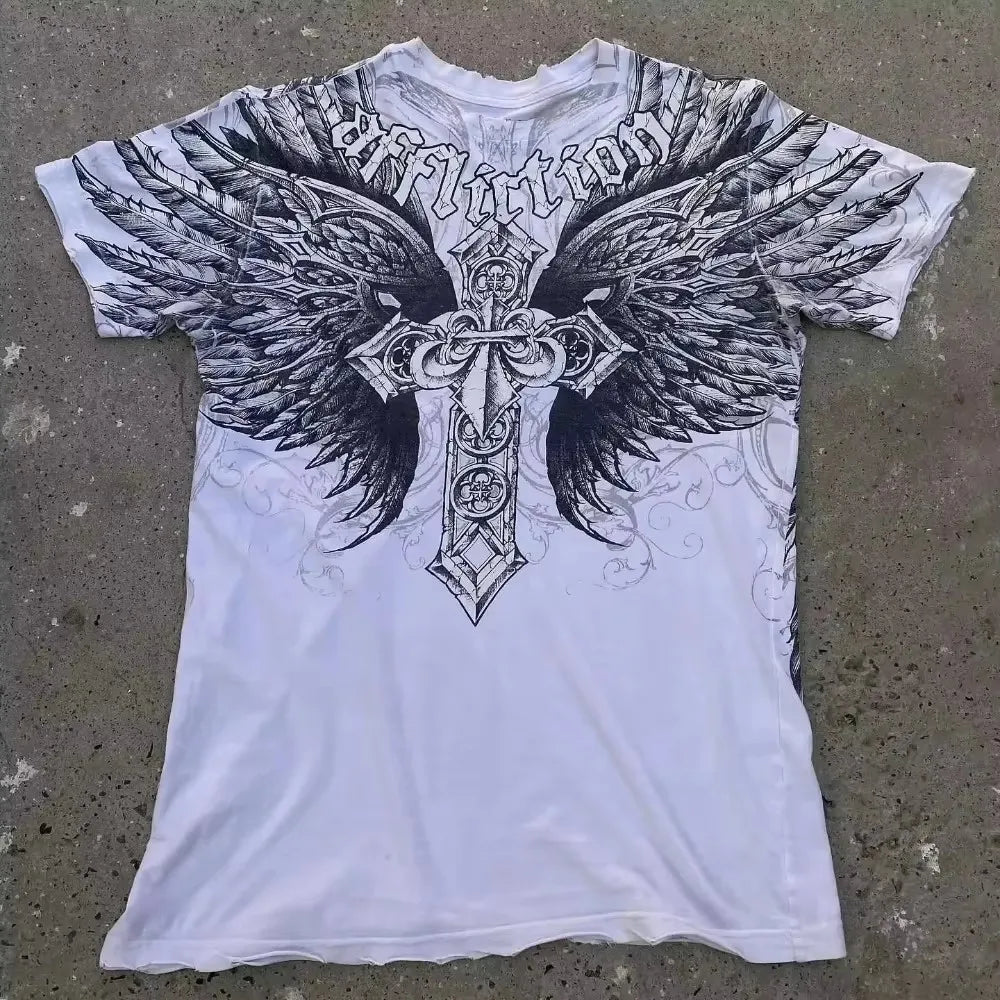 2000s Affliction Style Streetwear Tee Gothic Skull Cross Print Trendy Graphic T-shirts