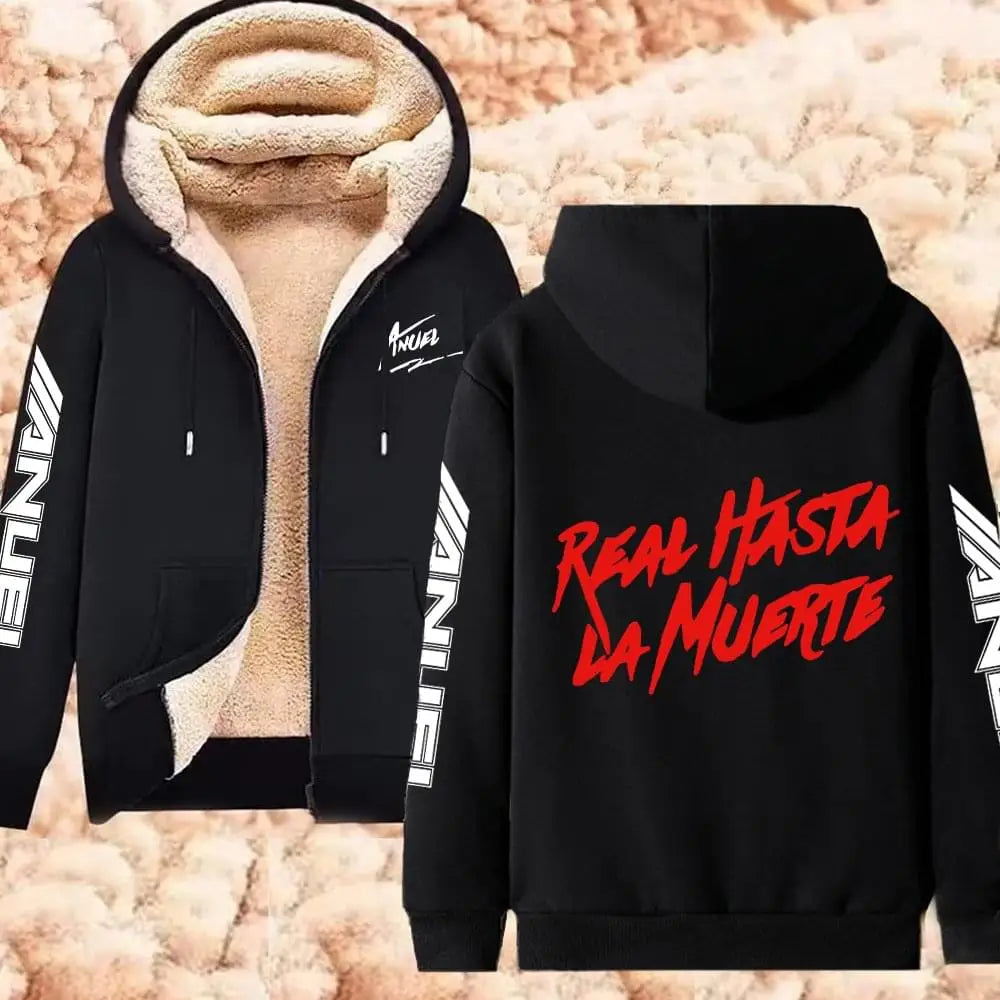 Anuel AA Printed Hoodies Real Hasta La Muerte Casual Zipper Jackets Thicken Lambswool Men Women Clothing Oversized Y2K Clothes
