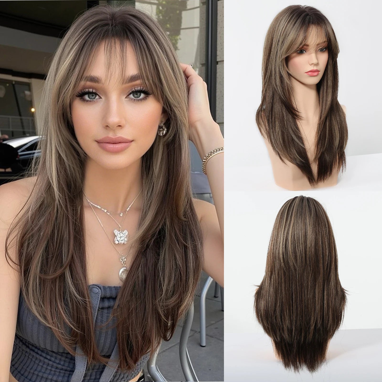 EASIHAIR Brown Straight Layered Wigs for Women Long Natural Hair Synthetic Wigs With Bangs Daily Use Party Heat Resistant Wigs