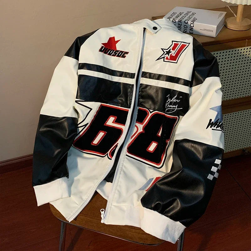 Gmiixder American Hip-hop Racing Coat Motorcycle Leather Jacket Men's Flocked Embroidery Loose Casual Windproof Punk Vibe Jacket