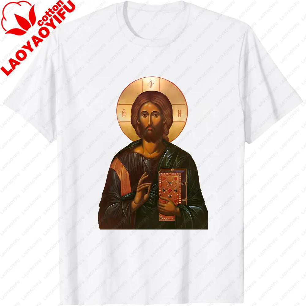 Jesus Christ Pantocrator Icon Sinai Orthodox Christian Man Gift Printed T-Shirt Summer Women Short Sleeve Cotton Unisex T Shirt