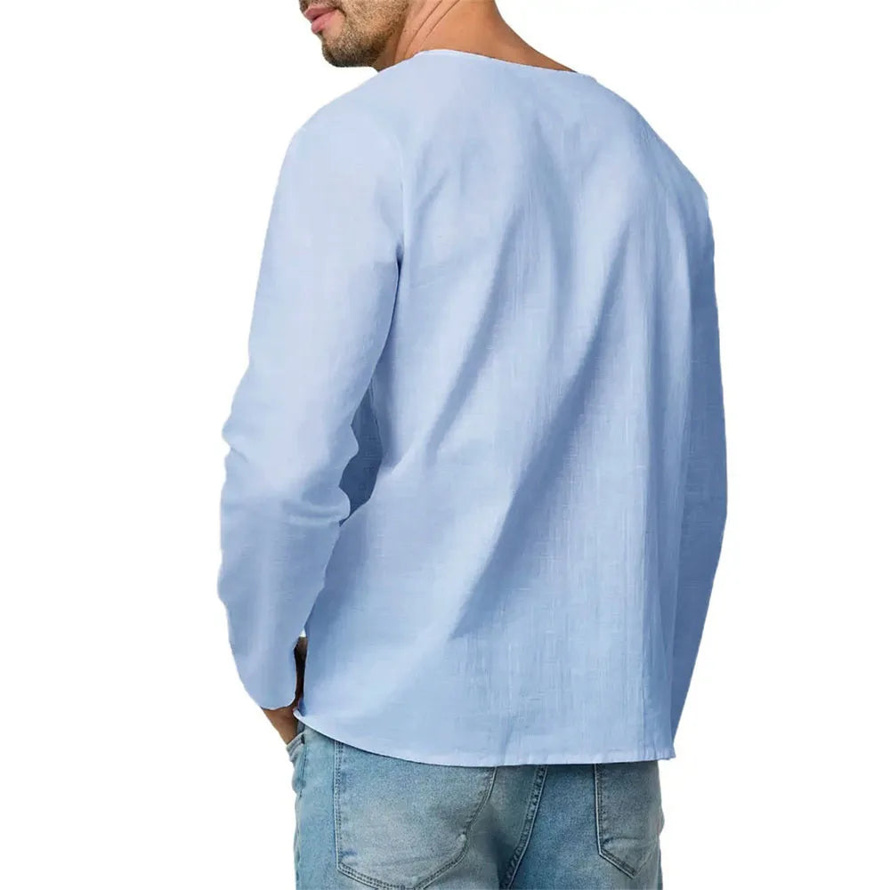 Men's Cotton Linen Long Sleeve T-Shirt Breathable V-neck Casual Slim Fit Solid Color Lightweight Male Casual Cozy Tees
