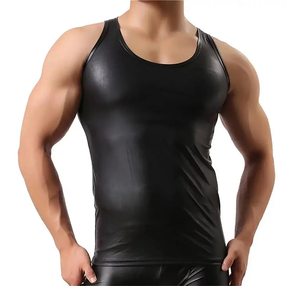 Men Club Vest Solid Color Smooth Surface Slim Fit Sleeveless Round Neck Faux Leather PClub Tank Top Men Clothes t shirt man