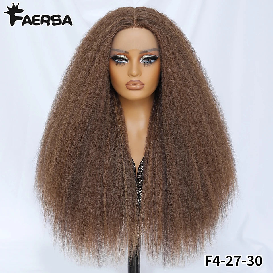 Kinky Straight Lace Front Wig T-Part 28Inch Synthetic 13x5x1 Long Lace Wigs Afro Yaki Straight Wigs Ombre Brown For Black Women