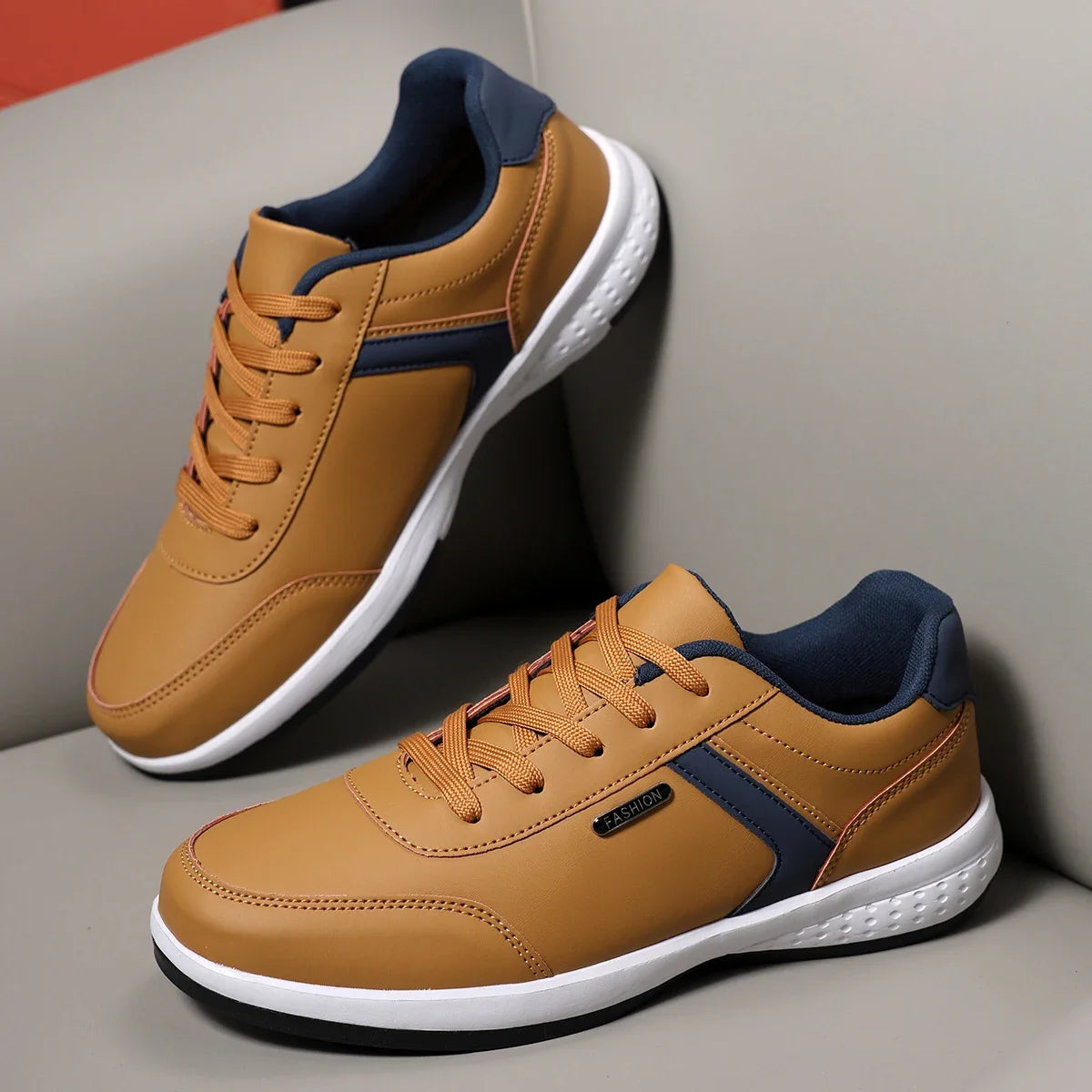 Men's Fashion Sneakers - Khaki Leather Comfortable Tennis Shoes Lace Up Large Thick Bottom Suitable for Daily Use Flat Shoes