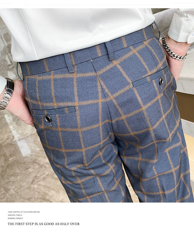 2025 New Burgundy Navy Plaid Casual Suit Pants for Men, Beige/Blue Vertical Stripe Non-Iron Slim Small Leg Work Trousers Men