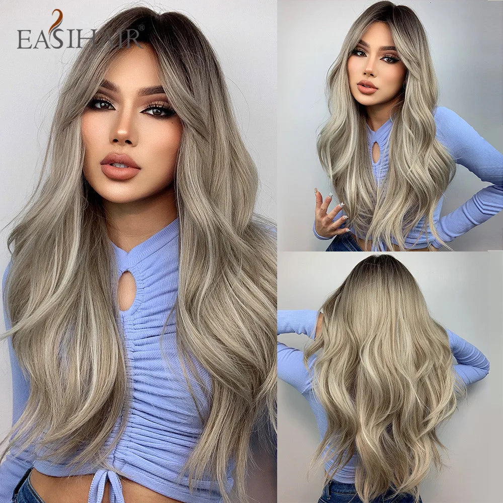EASIHAIR Ombre Brown Light Blonde Platinum Long Wavy Middle Part Hair Wig Cosplay Natural Heat Resistant Synthetic Wig for Women