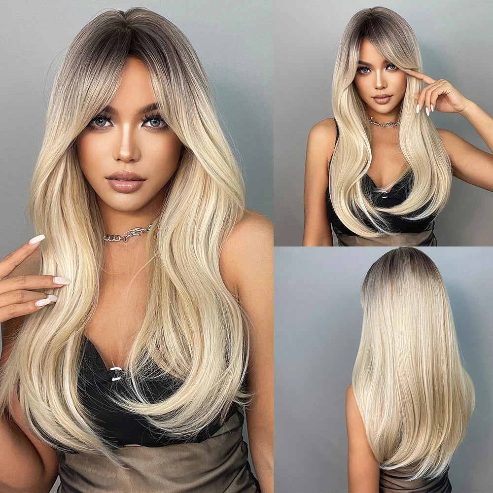 HENRY MARGU White Long Straight Synthetic Wigs for Women Colorful Cosplay Party Fake Hair with Bangs White Wig HighTemperature