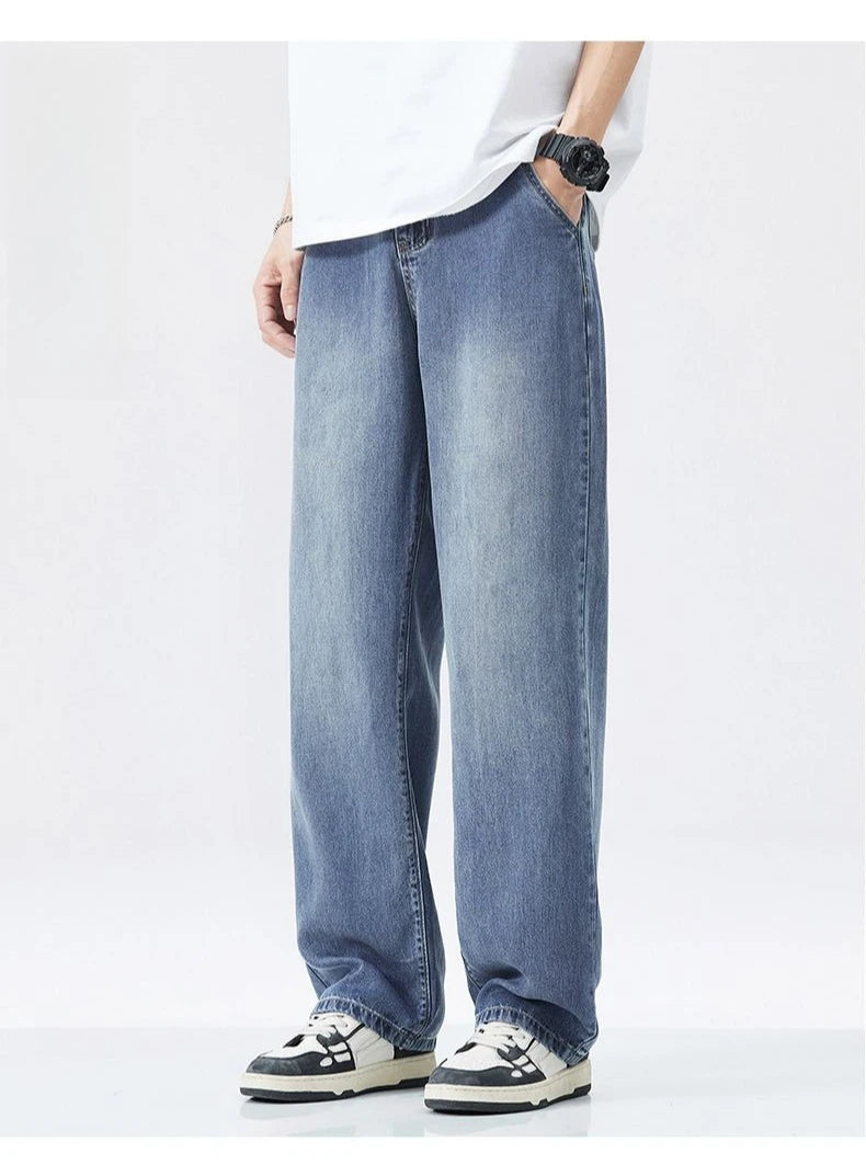 Lyocell Summer New Straight Jeans Men's Fashion Vintage Y2k Pants Streetwear Male Loose Casual Male Wide Denim Trousers baggy