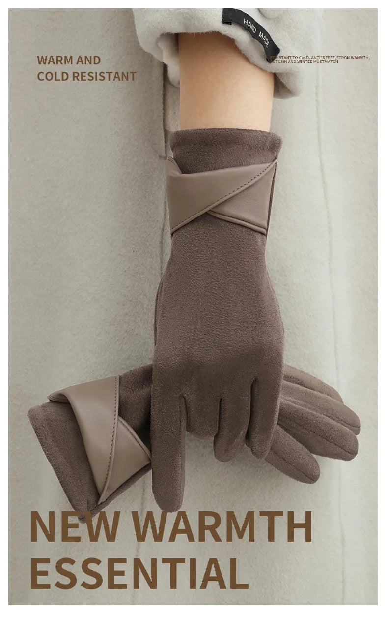 New Suede Gloves for Women Winter Plus Velvet Warm Commercial Style Temperament Bow Touch Screen Riding Driving
