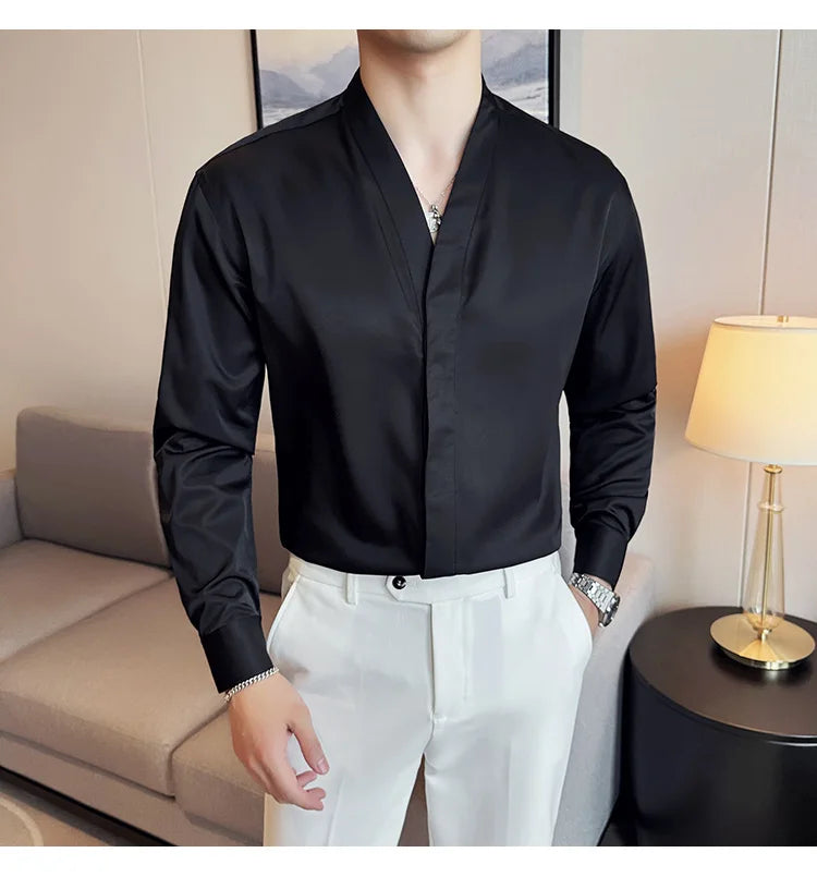 High Quality Collarless Shirts Men Fashion Slim Fit Long Sleeve Casual Shirts Business Office Social Formal Shirt Men Clothig