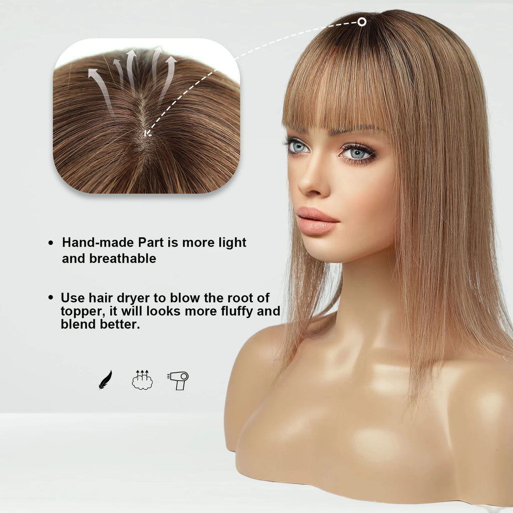 Ombre Brown Real Human Hair Toppers Wigs with Bangs Silk Base Clip Pieces 14inch Straight Topper Hairs for Women Hair Extension