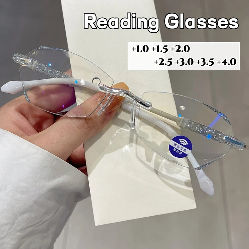 High Definition Lens Reading Glasses Women's Trendy Rimless Anti Blue Light Farsighted Eyewear Prescription Diopter Eyeglasses